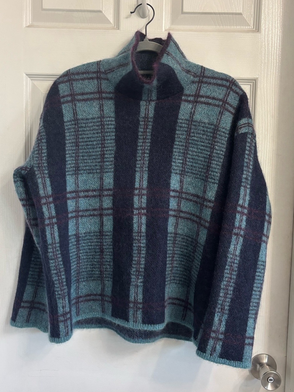 Lanvin Collection Plaid Mock Neck Knit Sweater Teal & Purple Mohair Blend Small